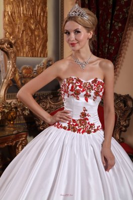 White Quinceanera Dress Red Appliques Taffeta Sweetheart