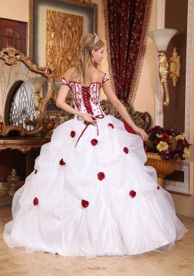 White Off The Shoulder Flowers Embroidery Sweet 16 Dress