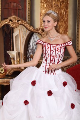 White Off The Shoulder Flowers Embroidery Sweet 16 Dress
