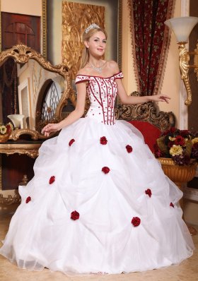 White Off The Shoulder Flowers Embroidery Sweet 16 Dress