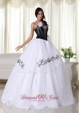 White and Black Embroidery Quinceanera Dress Strapless