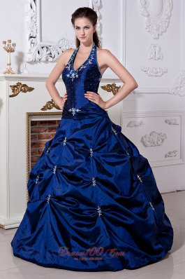 Royal Blue Halter Embroidery Floor-length Quinceanera Dress