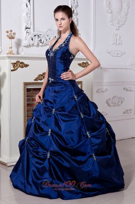 Royal Blue Halter Embroidery Floor-length Quinceanera Dress