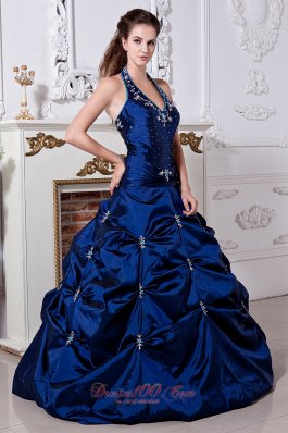 Royal Blue Halter Embroidery Floor-length Quinceanera Dress