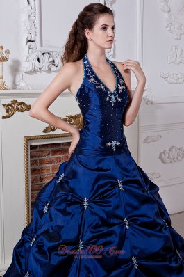 Royal Blue Halter Embroidery Floor-length Quinceanera Dress