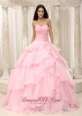 Baby Pink Ruches Hand Flowers Sweetheart Quinceanera Dress