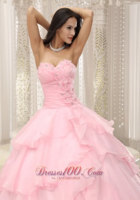 Baby Pink Ruches Hand Flowers Sweetheart Quinceanera Dress