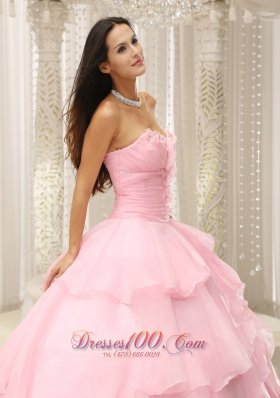 Baby Pink Ruches Hand Flowers Sweetheart Quinceanera Dress