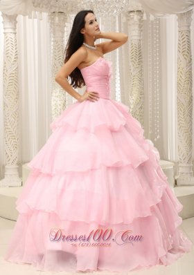 Baby Pink Ruches Hand Flowers Sweetheart Quinceanera Dress