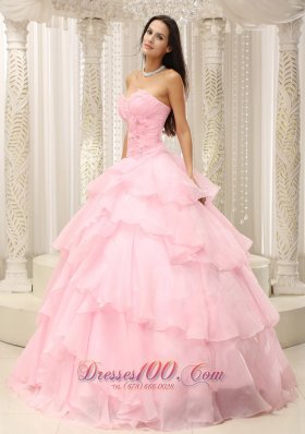 Baby Pink Ruches Hand Flowers Sweetheart Quinceanera Dress