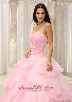 Baby Pink Ruches Hand Flowers Sweetheart Quinceanera Dress