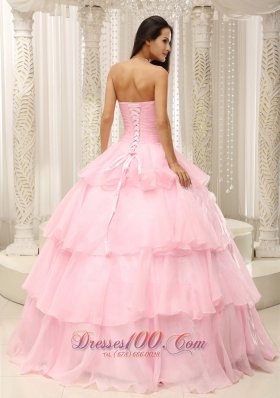 Baby Pink Ruches Hand Flowers Sweetheart Quinceanera Dress