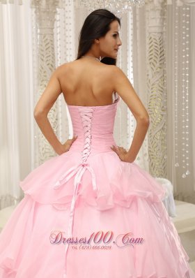 Baby Pink Ruches Hand Flowers Sweetheart Quinceanera Dress