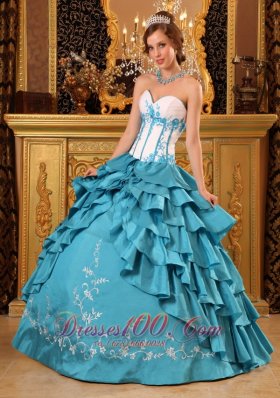 Teal Ruffles Embroidery Quinceanera Dress Floor-length