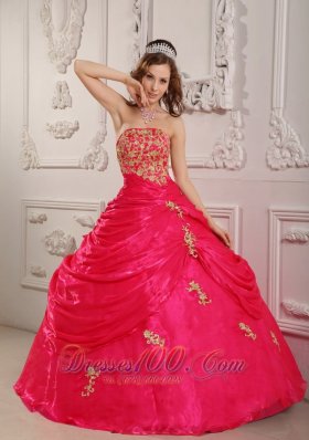 Hot Pink Strapless Appliques Ball Gown for Sweet 16 Organza