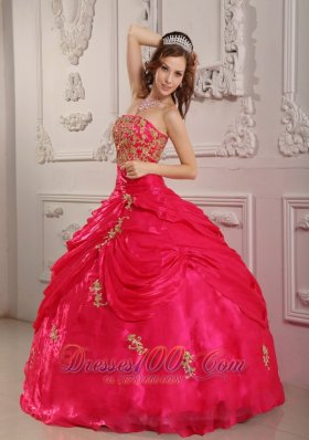 Hot Pink Strapless Appliques Ball Gown for Sweet 16 Organza