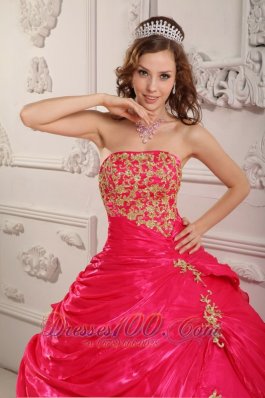 Hot Pink Strapless Appliques Ball Gown for Sweet 16 Organza