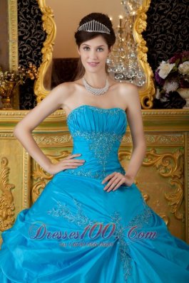 Blue Appliques Taffeta Floor-length Quinceanera Dress