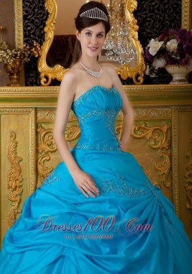 Blue Appliques Taffeta Floor-length Quinceanera Dress