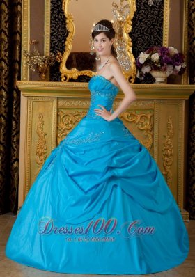 Blue Appliques Taffeta Floor-length Quinceanera Dress