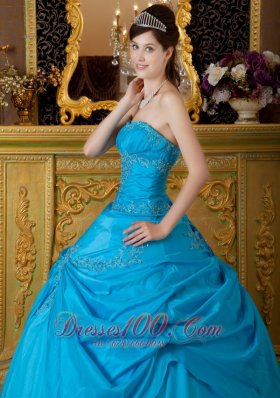 Blue Appliques Taffeta Floor-length Quinceanera Dress