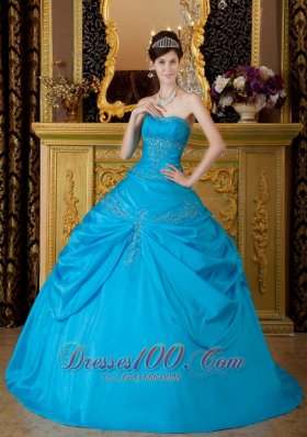 Blue Appliques Taffeta Floor-length Quinceanera Dress