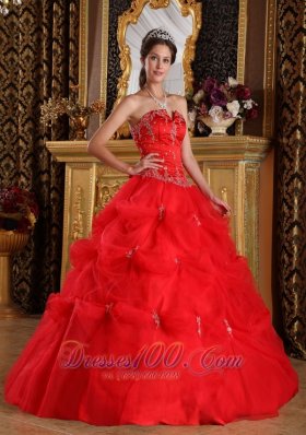 Red Pick-ups Appliques Floor-length Quinceanera Dress