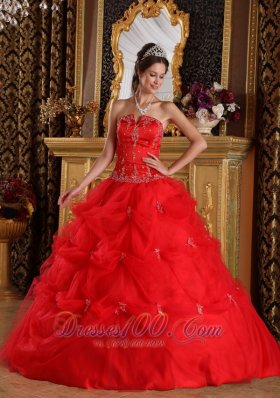 Red Pick-ups Appliques Floor-length Quinceanera Dress