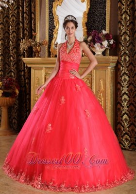 Coral Red Quinceanera Dress Halter Appliques Floor-length