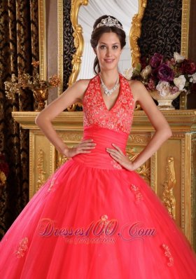 Coral Red Quinceanera Dress Halter Appliques Floor-length