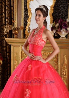 Coral Red Quinceanera Dress Halter Appliques Floor-length