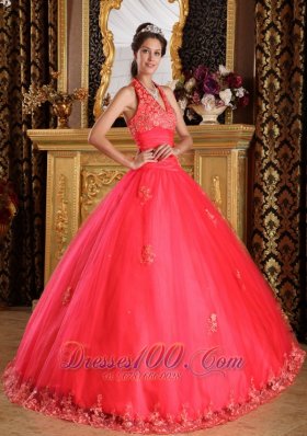 Coral Red Quinceanera Dress Halter Appliques Floor-length