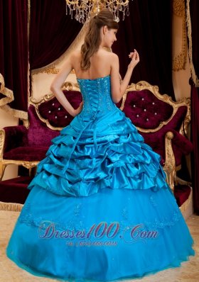 Teal Appliques Strapless Floor-length Quinceanera Dress