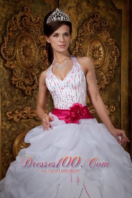 White Sweet 16 Dress Halter Pink Sash Beading Floor-length