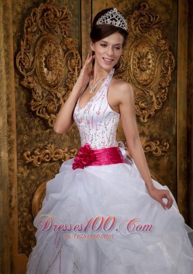 White Sweet 16 Dress Halter Pink Sash Beading Floor-length