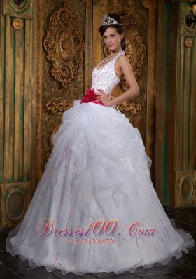 White Sweet 16 Dress Halter Pink Sash Beading Floor-length