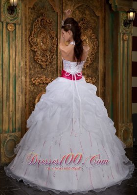 White Sweet 16 Dress Halter Pink Sash Beading Floor-length