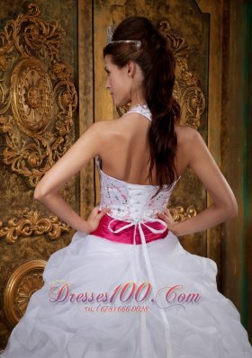 White Sweet 16 Dress Halter Pink Sash Beading Floor-length