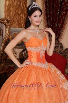 Orange Red Appliques Ruffles Sweetheart Quinceanera Dress