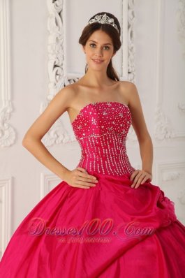 Hot Pink Organza and Taffeta Floor-length Quinceanera Dress