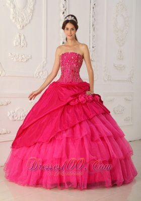 Hot Pink Organza and Taffeta Floor-length Quinceanera Dress