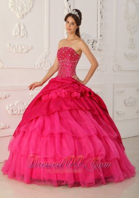 Hot Pink Organza and Taffeta Floor-length Quinceanera Dress