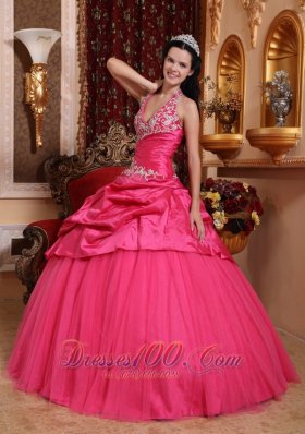 Hot Pink Appliques Beading Floor-length Quinceanera Dress