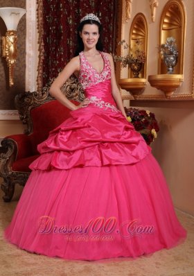 Hot Pink Appliques Beading Floor-length Quinceanera Dress