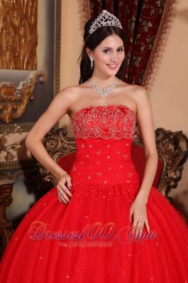 Red Beading Strapless Floor-length Sweet 16 Dress Designer