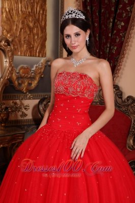 Red Beading Strapless Floor-length Sweet 16 Dress Designer