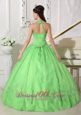 Spring Green Taffeta Organza Halter Sweet 16 Dress