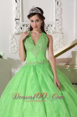 Spring Green Taffeta Organza Halter Sweet 16 Dress