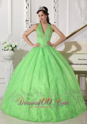 Spring Green Taffeta Organza Halter Sweet 16 Dress