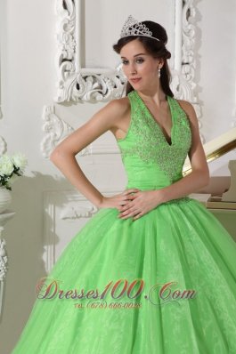 Spring Green Taffeta Organza Halter Sweet 16 Dress